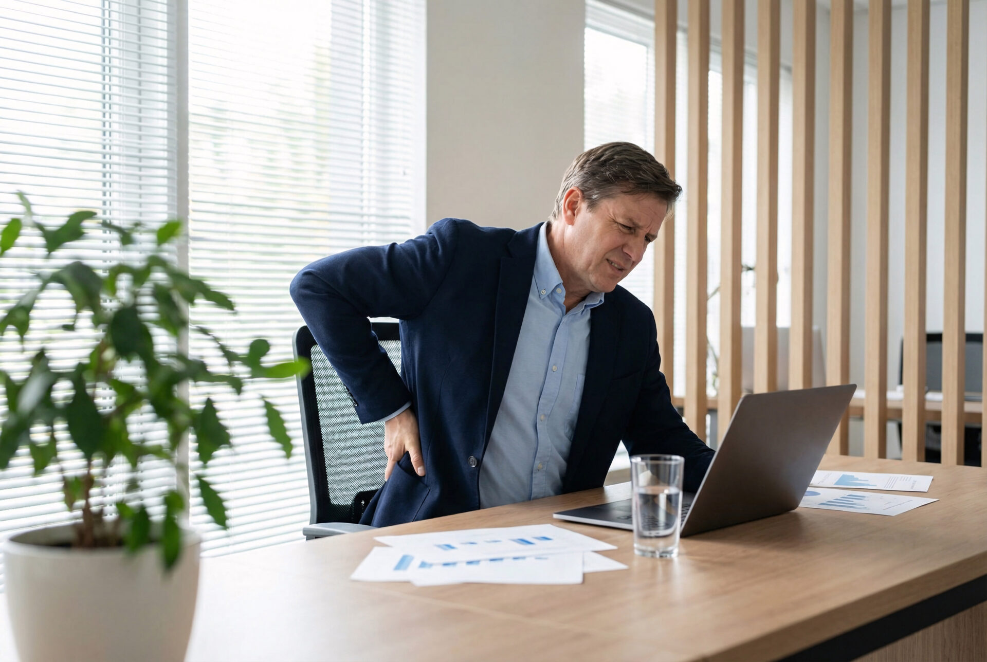 Patient with sciatica and lower back pain at a desk